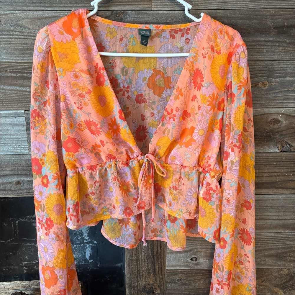 Wild Fable Pink and Orange Bell Sleeve Crop Blouse